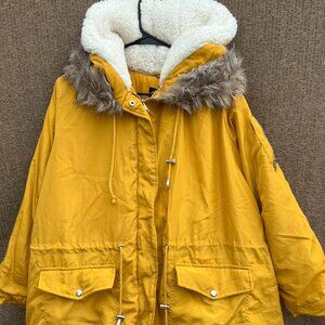 New Look Womens Utility Jacket Size 3XL Mustard Hooded fur lined Zip Pockets